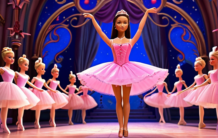 **Prompt:** "Barbie as Clara from 'Barbie in the Nutcracker' (2001) in a magical, animated scene. Capture the charm of early 2000s 3D animation, with a focus on ballet-inspired movements and a vibrant, enchanting atmosphere."