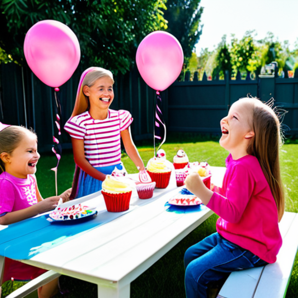 **

A group of fully clothed children laughing and playing at a Barbie-themed birthday party in a brightly decorated backyard. The scene includes pink balloons, a table with cupcakes, and kids wearing colorful, modest clothing.  Safe for work, appropriate content, family-friendly, perfect anatomy, natural proportions, professional photography, high quality.

**