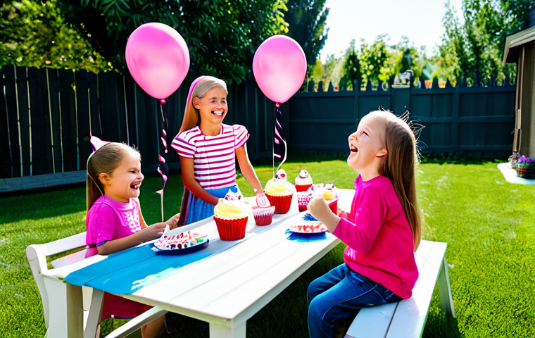 **
A group of fully clothed children laughing and playing at a Barbie-themed birthday party in a brightly decorated backyard. The scene includes pink balloons, a table with cupcakes, and kids wearing colorful, modest clothing. Safe for work, appropriate content, family-friendly, perfect anatomy, natural proportions, professional photography, high quality.
**