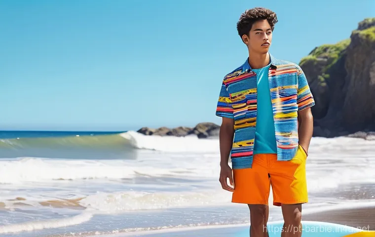 켄과 다른 남성 캐릭터 비교 - **Prompt:** A full-body shot of Ken, in a brightly colored, stylish swim outfit (swim shorts and a v...