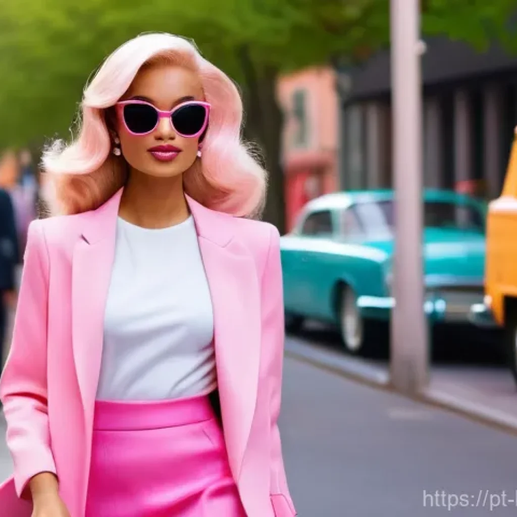 바비와 마텔사의 성장 - **Prompt: "A vibrant and nostalgic 'Barbiecore' street scene.** A confident young woman, embodying t...