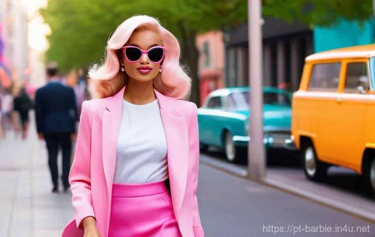 바비와 마텔사의 성장 - **Prompt: "A vibrant and nostalgic 'Barbiecore' street scene.** A confident young woman, embodying t...
