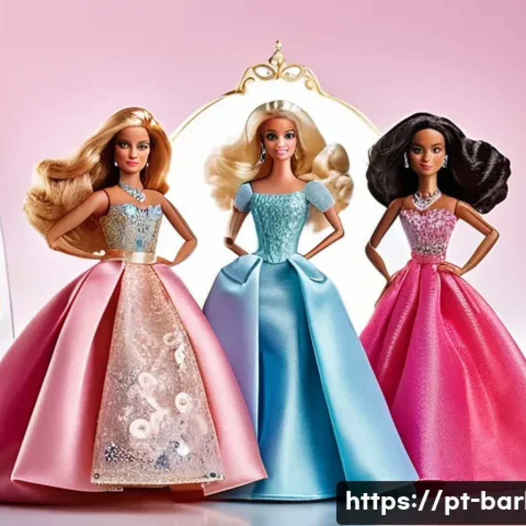 디즈니 공주 바비와의 콜라보 - A detailed scene featuring a group of Barbie dolls dressed as iconic Disney princesses, each wearing...