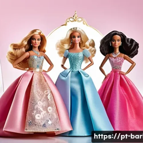 디즈니 공주 바비와의 콜라보 - A detailed scene featuring a group of Barbie dolls dressed as iconic Disney princesses, each wearing...