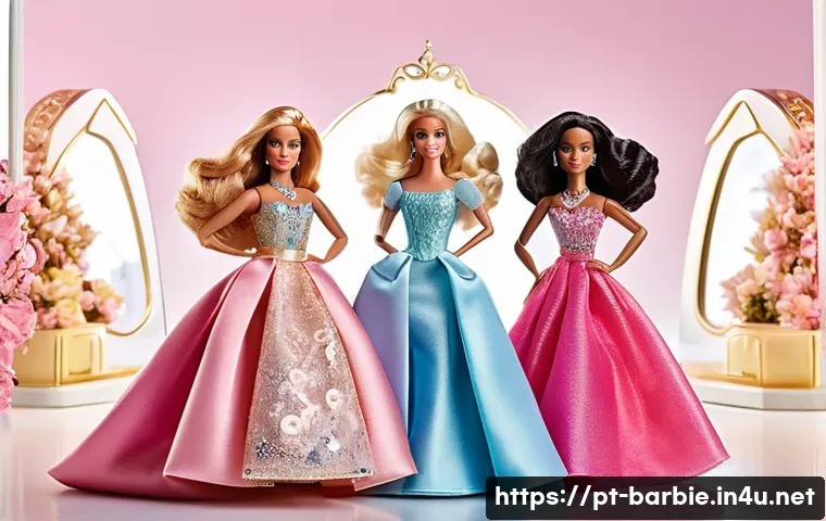 디즈니 공주 바비와의 콜라보 - A detailed scene featuring a group of Barbie dolls dressed as iconic Disney princesses, each wearing...