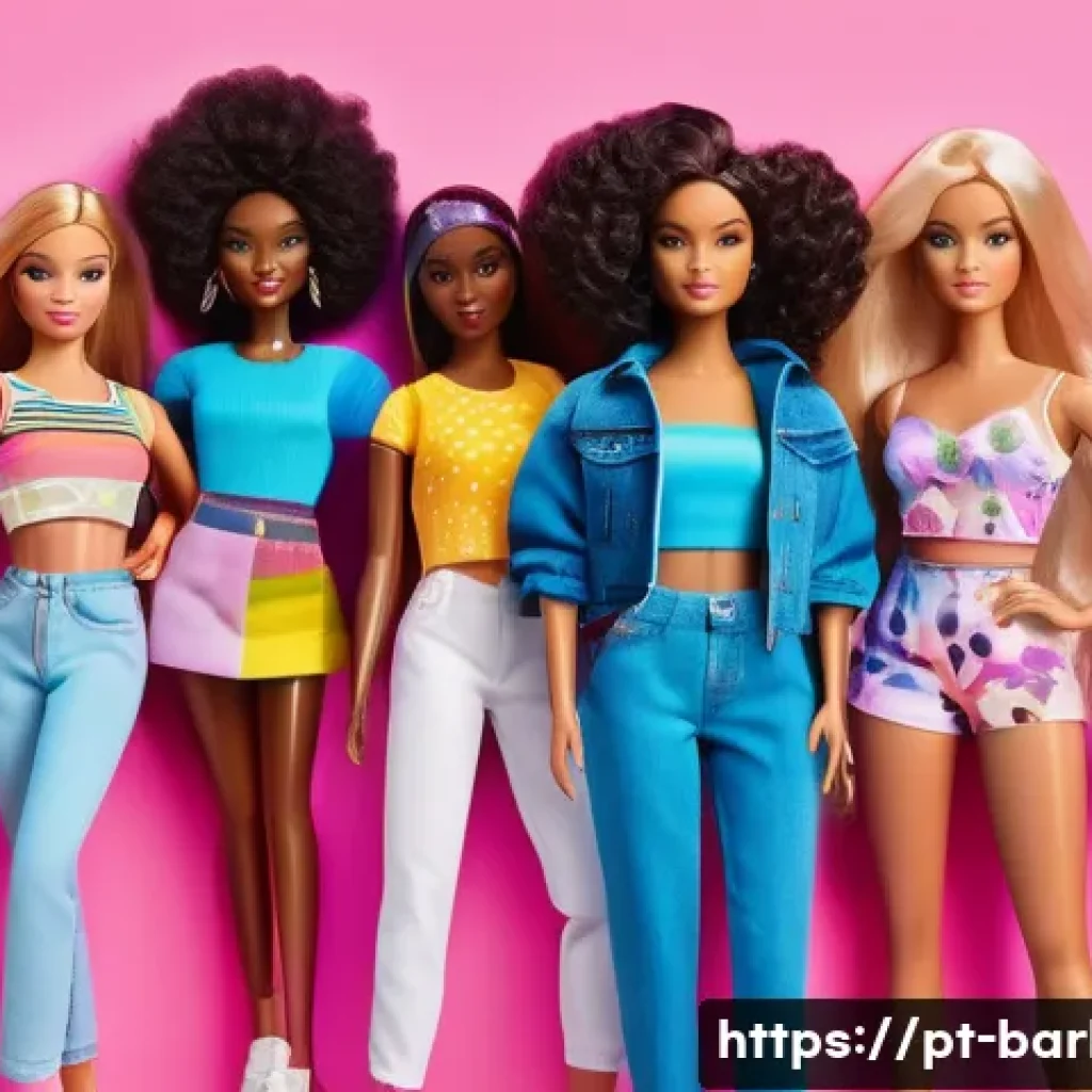 바비와 소셜 미디어 영향력 - A vibrant digital art scene showing diverse Barbie dolls representing various ethnicities, body type...