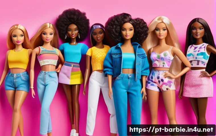 바비와 소셜 미디어 영향력 - A vibrant digital art scene showing diverse Barbie dolls representing various ethnicities, body type...