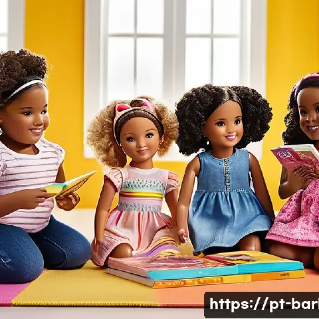 바비인형의 신체 비율 논쟁 - A diverse group of children playing with a variety of Barbie dolls featuring different body types, i...