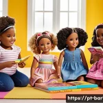 바비인형의 신체 비율 논쟁 - A diverse group of children playing with a variety of Barbie dolls featuring different body types, i...