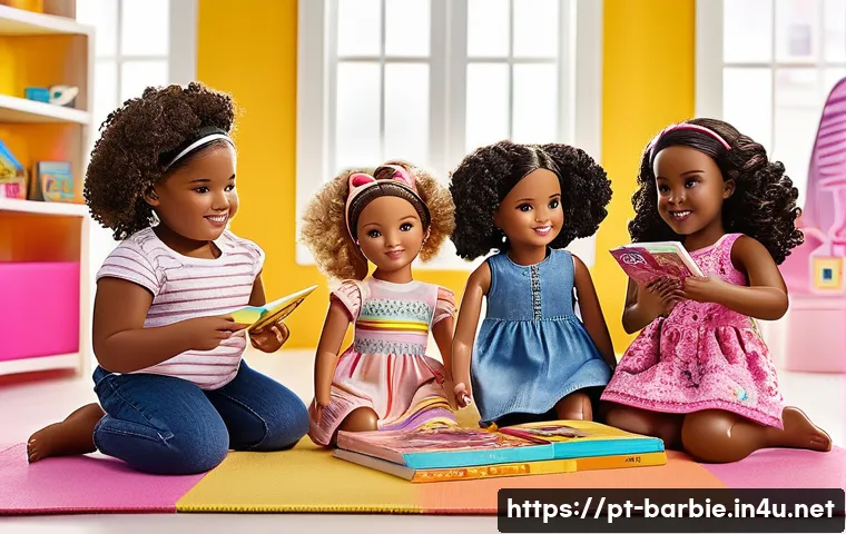 바비인형의 신체 비율 논쟁 - A diverse group of children playing with a variety of Barbie dolls featuring different body types, i...