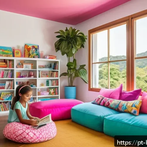 바비를 주제로 한 그림책 - A cozy children's reading nook in a bright, modern Brazilian home with colorful cushions and shelves...
