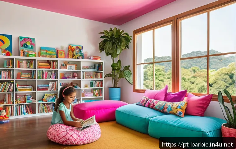 바비를 주제로 한 그림책 - A cozy children's reading nook in a bright, modern Brazilian home with colorful cushions and shelves...